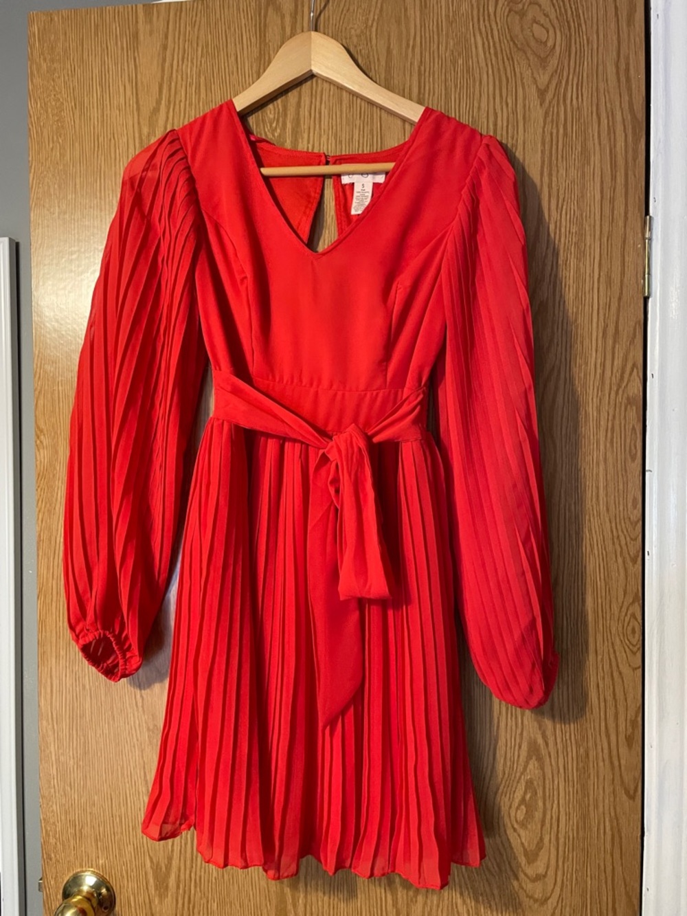 Red Pleated Fit-and-Flare Dress with Tie Waist and Open Back